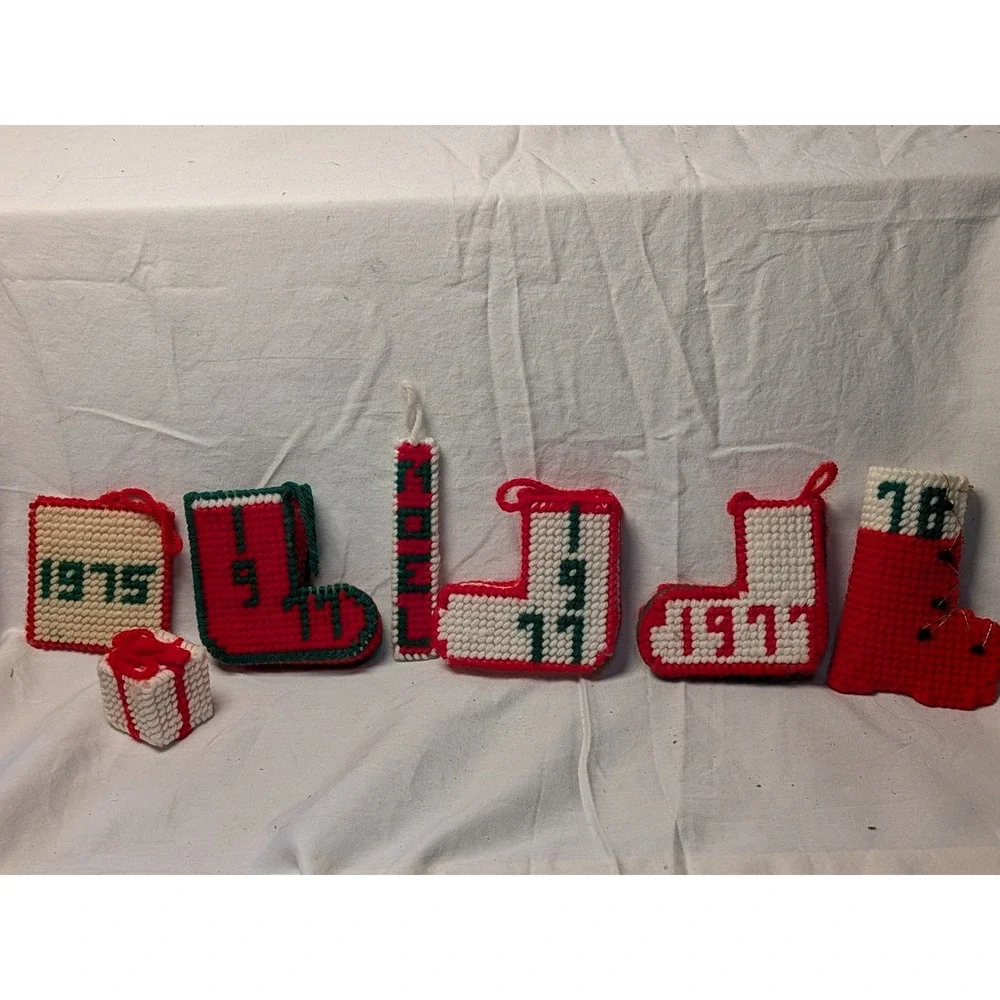 Vintage 1970s Plastic Canvas Christmas Ornaments Lot 7pc Handmade Stockings Noel